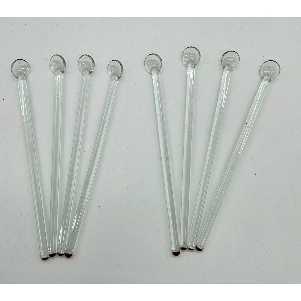 VINTAGE Set of‎ 8 Clear Glass Stirrers with Round RED Ends Cocktail Drink Mixers